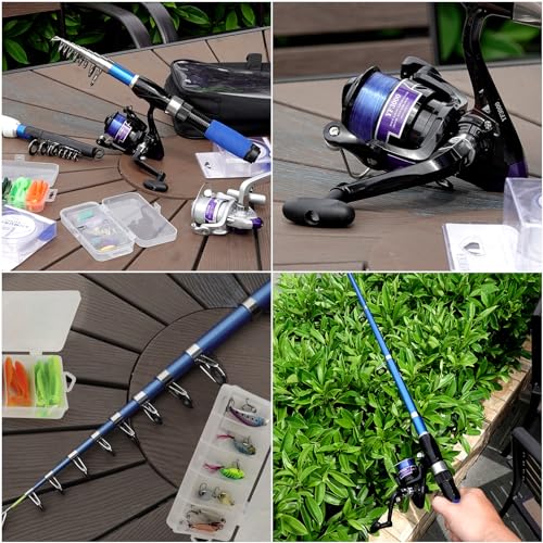 Collapsible Fishing Rod Set, 2.1m/6.89ft w/ 2 Spinning Reels, 2 Sets Lures, 100m Line, Carrier Bag - Fresh & Saltwater