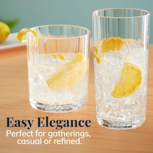 US Acrylic Faceted Clear Plastic Reusable Drinking Glasses (Set of 8) 14oz Rocks & 18oz Water Cups, BPA-Free Tumblers, Mad...