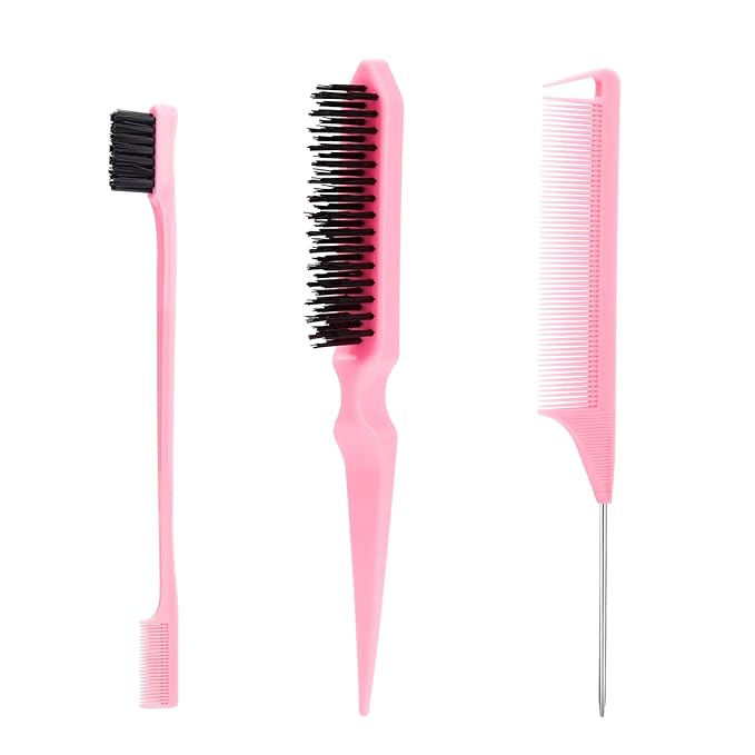 3 Pcs Slick Back Hair Brush, Rat Tail Comb, Edge | Bristle Brush, Hair Accessories for Girls, Kids, Toddlers Sleek Ponytail/Bun, Edge Control and Smoothing Baby Hair & Flyaways
