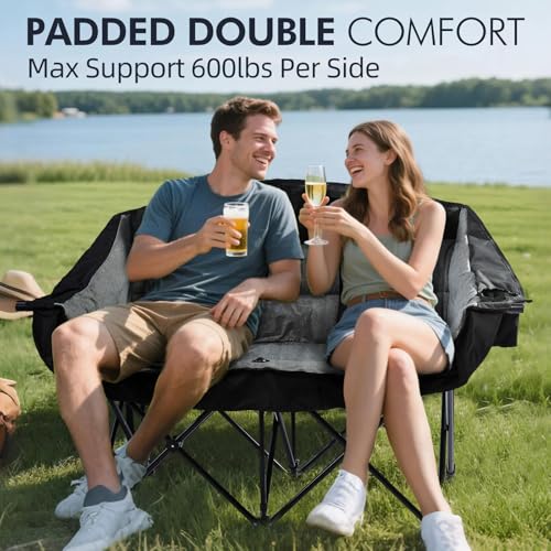 Double Camping Chair Loveseat - 2 Person Oversized Camping Couch for Adults Padded Heavy Duty Outdoor Lawn Beach Portable ...