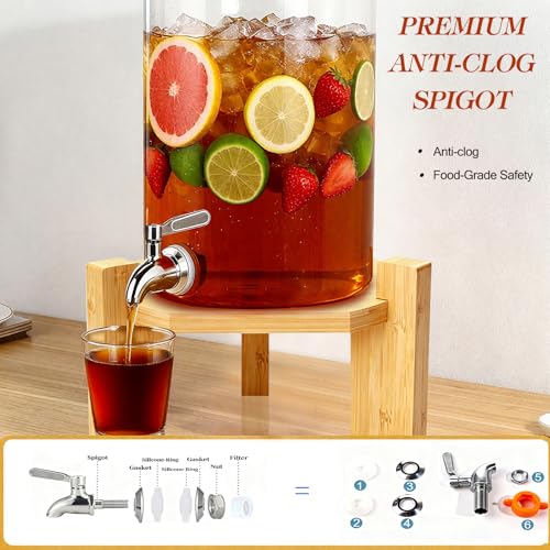 2 Gallon Drink Dispenser,Glass Beverage Dispenser With Wood Stand,Large Water Drink Dispensers for Parties with Anti-block...