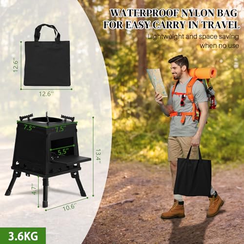 Wood Burning Stove, Portable Cast Iron Camping Wood Stove with Carrying Bag, Firewood Hook, Gloves Woodstove for Backpacki...