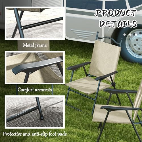 Outsunny Folding Patio Chairs, Set of 4 Sports Chairs for Adults, Camping Chairs with Armrests, Breathable Mesh Fabric Sea...