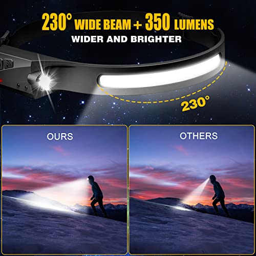 Headlamp Rechargeable, 230° Wide Beam Head Lamp LED with Motion Sensor for Adults - Camping Accessories Gear, Waterproof H...