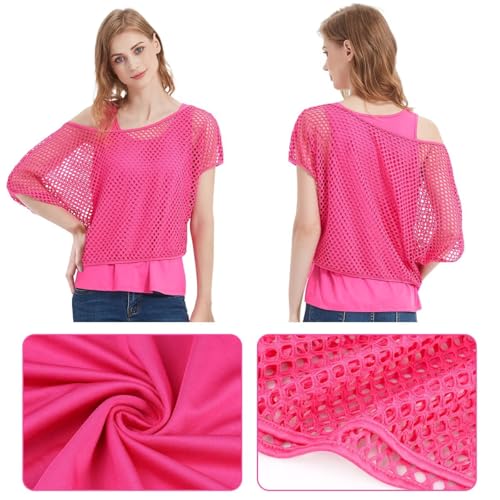 WILDPARTY Women's Casual Sexy Off Shoulder T-Shirt 80s 90s Outfit 80's Costume Fishnet Neon Shirt Summer Short Sleeve