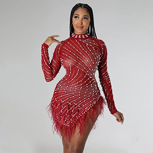 ENOPINK Women Sexy Rhinestone Feather Dress Mesh Sheer Bodycon Long Sleeve Mini Dresses Birthday Outfits Clubwear