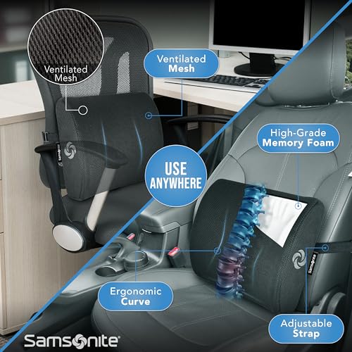 Samsonite Ergonomic Lumbar Support Pillow for Office Chair, Gaming Chair, or Car, Memory Foam Cushion with Breathable Vent...