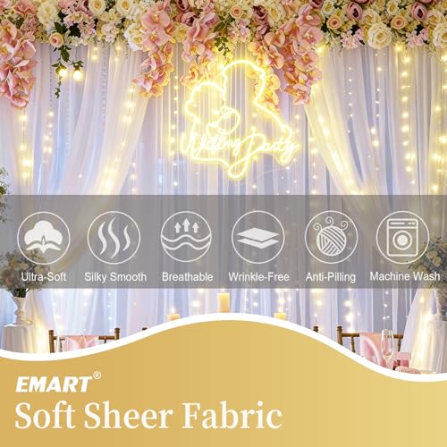 EMART White 10x10ft Tulle Backdrop Curtains with Lights String,Sheer Backdrop Curtains for Wedding, Baby Shower,Photoshoo...
