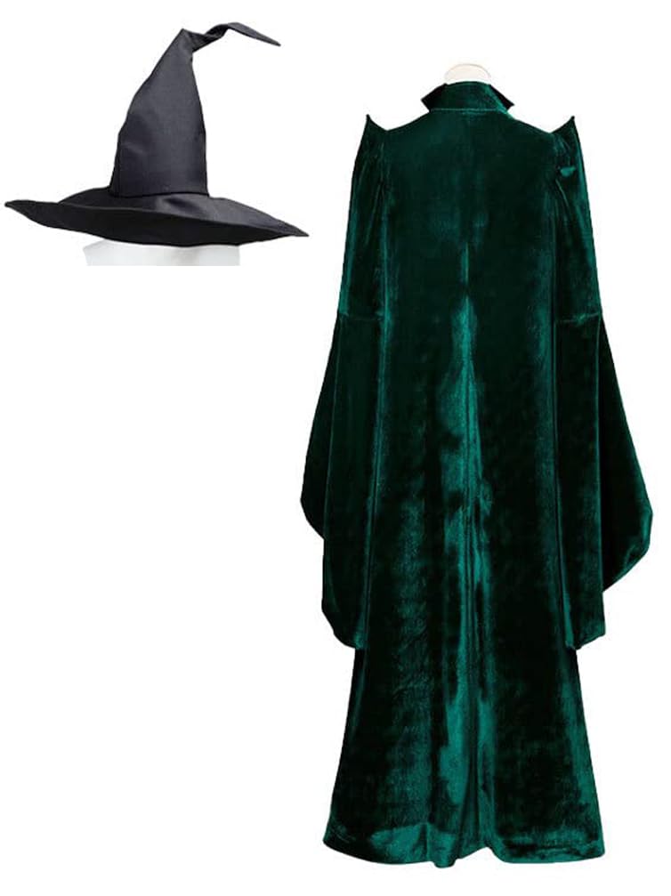 Howenlthy Womens Professor Mcgonagall Costume Green Robe Wizard Cloak Cap Glasses Suit Witch Cosplay Halloween Outfit (Green Full Set, Large)