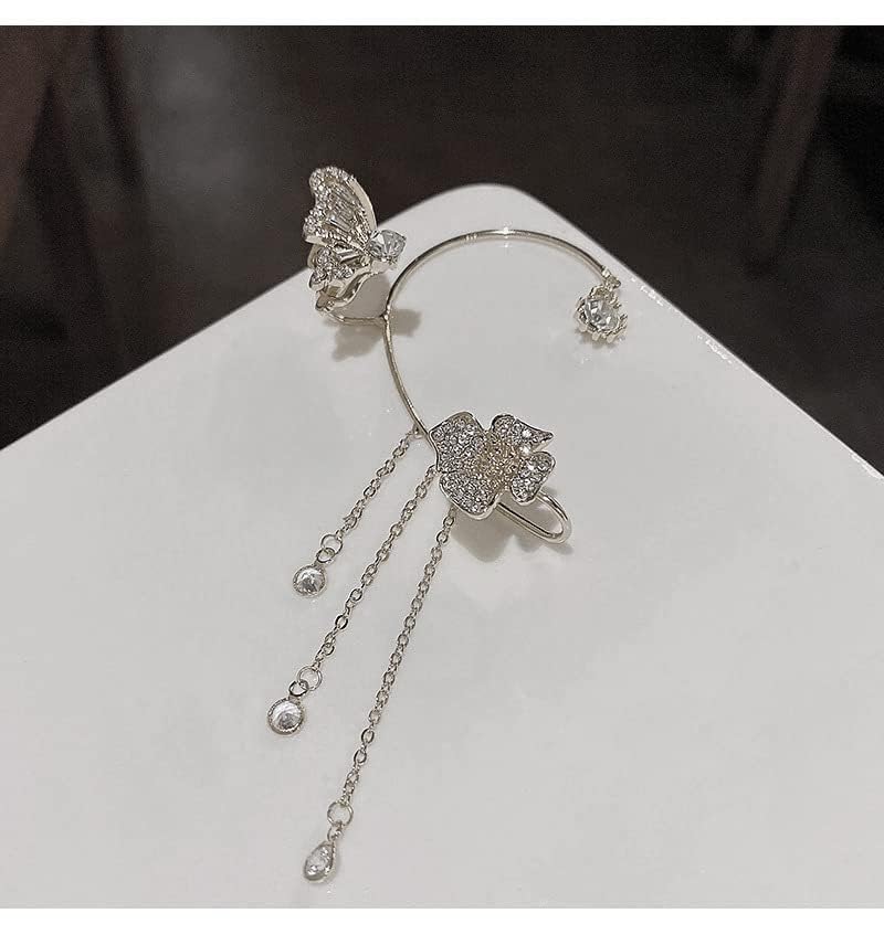 RIJXU 2 Pairs Dainty Silver Butterfly Ear Cuffs & Wraps for Women Non Piercing Bling Butterfly Tassel Style Zircon Earrings Ear Clips Bridal Wedding Jewelry (Silver)