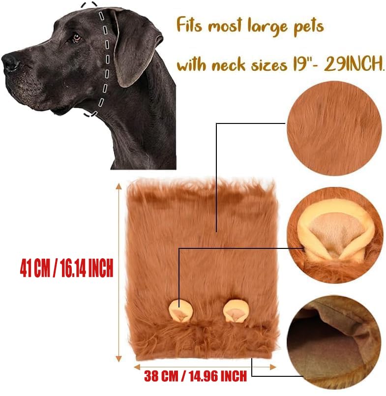 Dog Lion Costume,Dog Costumes for Medium Large Dogs,Dog Lion Mane, Dog Halloween Costumes, Lion Mane for Dog, Fits Neck Size 19"- 29"