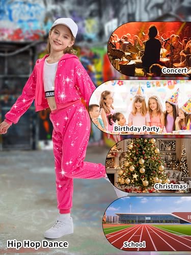 LOLANTA 2Pcs Girls Dance Outfits Cropped Sequin Jacket Pants Set, Kids Hip Hop Dance Costumes for 80s 90s Party 5-15 Years