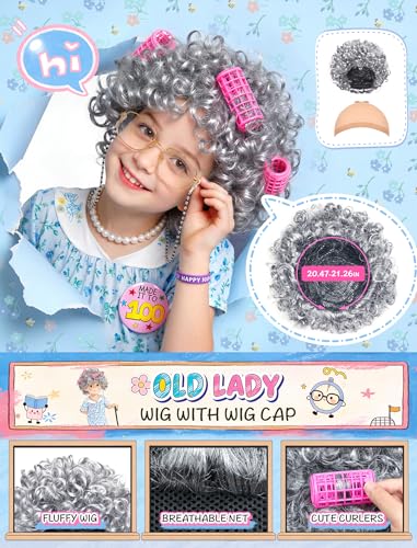 Jeowoqao Old Lady Costume for Kids, 100 Days of School Costume Girls Old Lady Dress，Granny Wig with Wig Cap Grandma Dress ...
