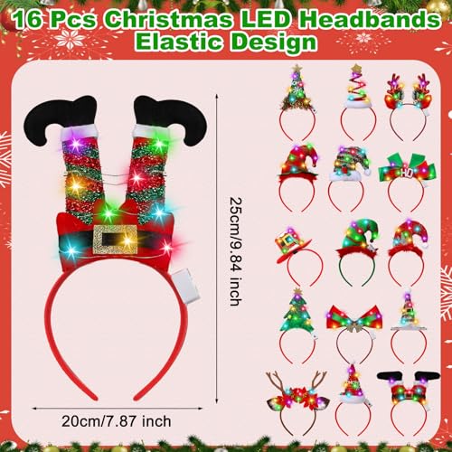 Zeyune 16 Pcs Christmas LED Headbands Xmas Tree Costume Headwear Reindeer Elf Hats Headband Light up for Party