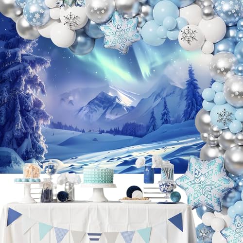 10x8ft Winter Aurora Borealis Backdrop Snow Mountain Pine Trees Forest Northern Lights Photography Background Winter Wonde...