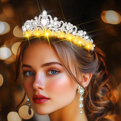 Urieo Light up Rhinestone Tiara LED Silver Crown Headband Glow Wedding Birthday Headpiece for Women
