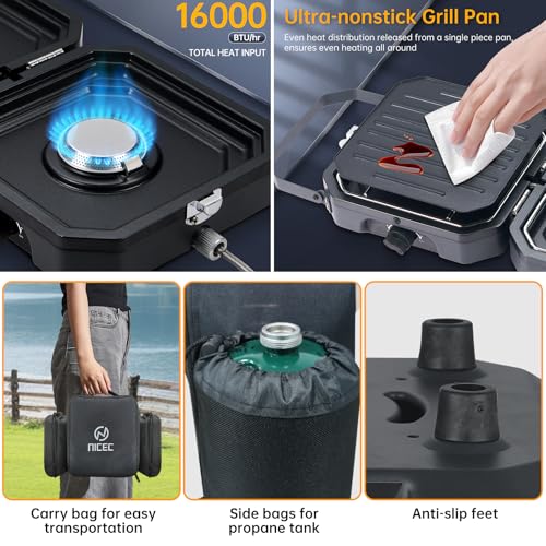 Nice C Camping Stove, Portable Camping Stove Propane, 2 Burner Propane Stove with Grill, Camp Stove, 16,000 BTU Camp Stove...