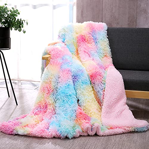DANGTOP Fuzzy Faux Fur Throw Blanket, Tie Dye Fluffy Blanket, Super Soft Rainbow Blanket for Girls, Luxury Cozy Warm Plush...