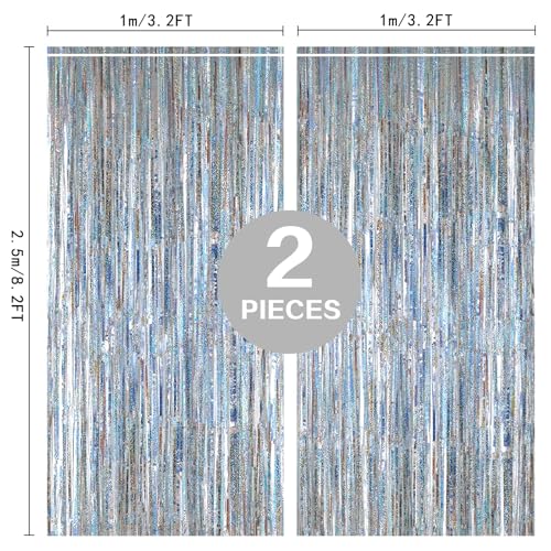 2 Pack 3.2ft x 8.2ft Silver Metallic Tinsel Foil Fringe Curtains, Door Streamer Photo Booth Backdrop for Birthday Graduati...