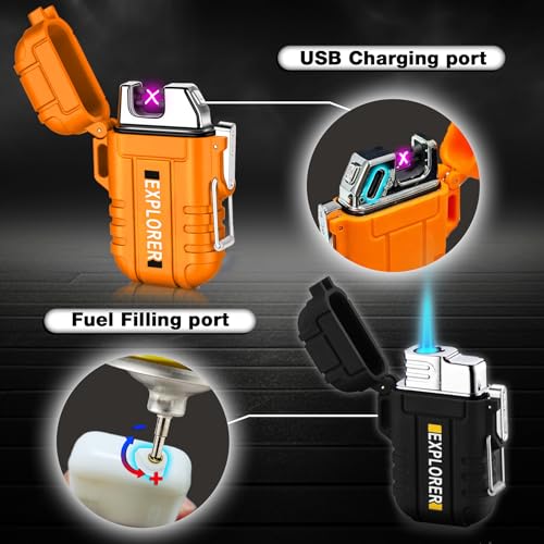 2 Pack Waterproof Lighter Outdoor Windproof Torch Lighters Dual Arc Butane Electric Lighters USB Rechargeable Lighters Fla...