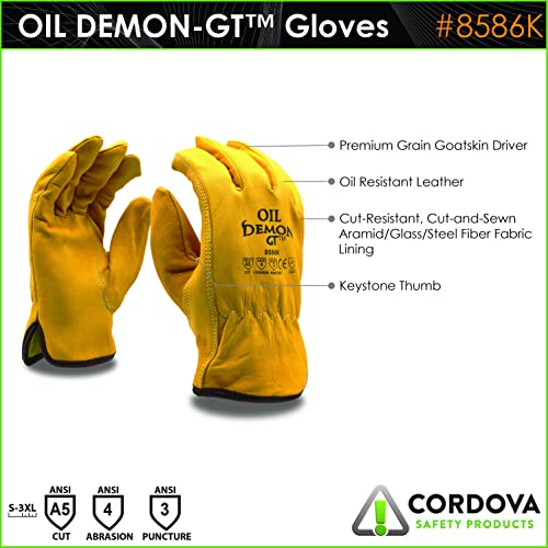 Cordova 8586K Oil Demon Gt Gloves, Premium Oil-Resistant Grain Goatskin Driver, Aramid/Glass Fabric Lined, Keystone Thumb,...