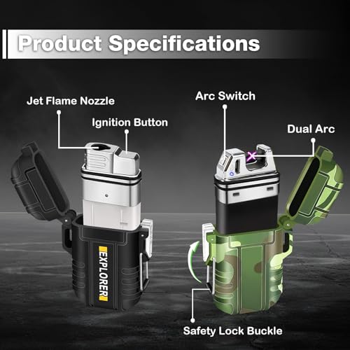 2 Pack Waterproof Lighter Outdoor Windproof Torch Lighters Dual Arc Butane Electric Lighters USB Rechargeable Lighters Fla...
