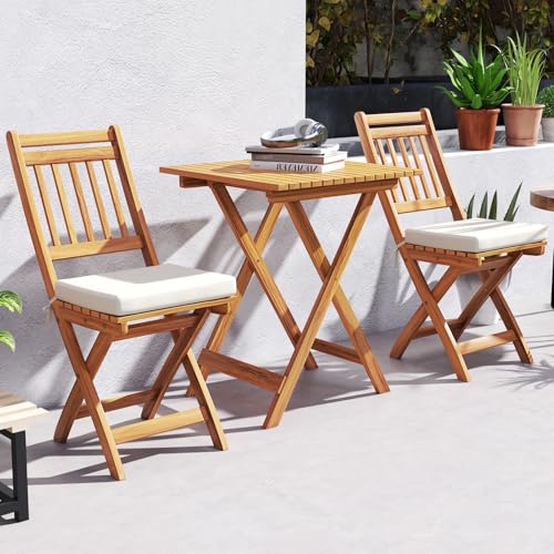 Tangkula Acacia Wood Patio Bistro Set of 3, Outdoor Folding Chair Table Set with Soft Seat Cushions, High Back Armless Cha...