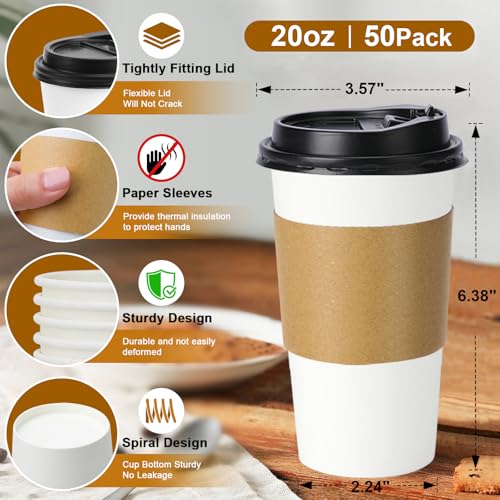 Lamosi 50 Pack 20 oz Disposable Coffee Cups with Lids and Sleeves, White To Go Leak-Proof Paper Cups for Picnics, Parties,...