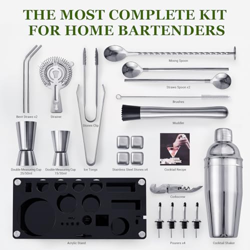 Cocktail Shaker Set, 23-Piece Stainless Steel Bartender Kit with Acrylic Stand & Cocktail Recipes Booklet, Professional Ba...