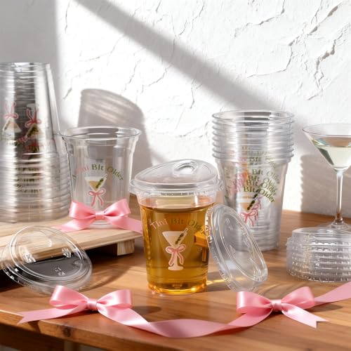 LemonRoad 50 Pack a Tini Bit Older Cups with Strawless Sip Lids 12 oz Plastic Martini Birthday Cups Martini Bow Party Deco...