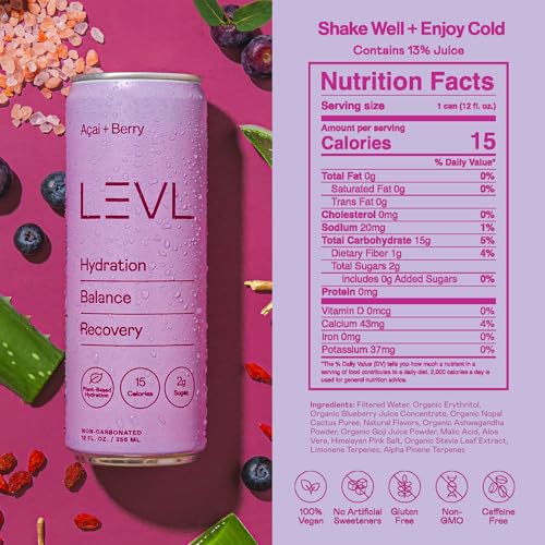 LEVL Functional Hydration Drink - Acaí + Berry (Non-Carbonated) Pure Water, Real Fruit, Adaptogens, Electrolytes | All-Nat...