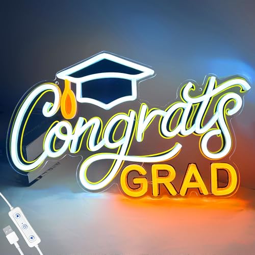 SELICOR Congrats Graduation Neon Sign with Cap - 15" x 8", Adjustable LED Light Up Sign for Prom Party, Photos, Class of 2...