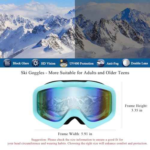 Karsaer Ski Goggles Anti-Fog Snow Goggles OTG 100% UV Protection Snowboard Goggles Bendable Dual-Lenses for Men Women Youth