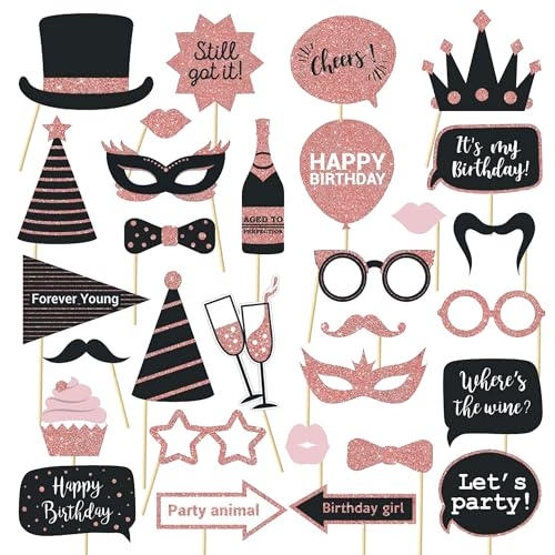 Party Birthday Photo Booth Props, 30Pcs Set of Happy Birthday Selfie Party Supplies with Real Glitter Cute Bday Designs fo...