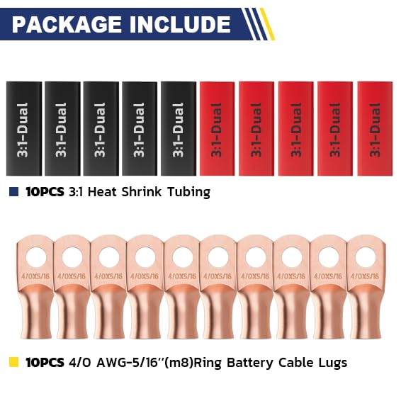 haisstronica 10pcs 4/0 AWG - 5/16"(M8) Battery Cable Lugs, Heavy Duty Copper Wire Lugs with 10pcs 3:1 Adhesive Heat Shrink Tubing, 0000 Gauge Wire Lugs, Battery Terminal Connector, Battery Cable Ends