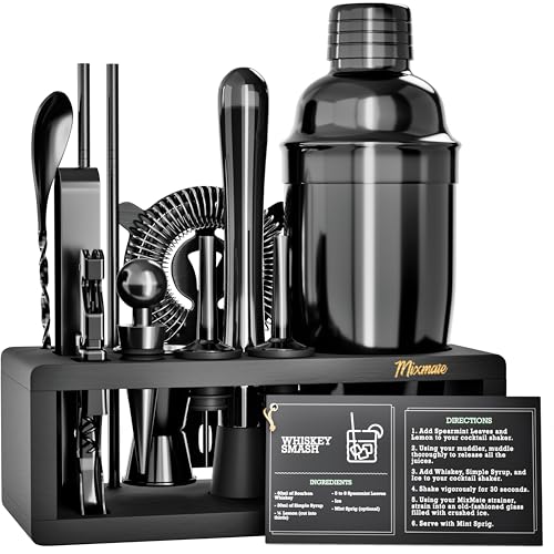 Black Stainless Steel Cocktail Shaker Set with Wood Stand - 15 Piece Bartender Kit with Drink Shaker, Bar Spoon, Jigger, M...