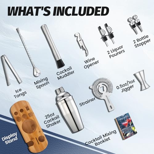 Cocktail Shaker Set Bartender Kit: 13-Pcs Bar Tools Set with Bamboo Stand, Essential Bar Accessories for Home: 25oz Martin...