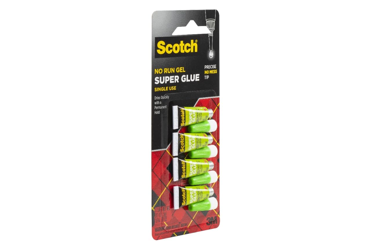 Scotch Super Glue Gel, 4-Pack of Single-Use Tubes, .017 oz Each, Fast Drying, No Run Gel Formula (AD119)