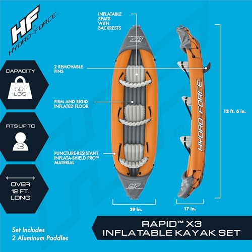 Bestway Hydro-Force 12'6" x 39" Rapid X3 Inflatable Kayak Set | Fits Up to 3 Persons | Includes 2 Aluminum Paddles, 1 Hand...
