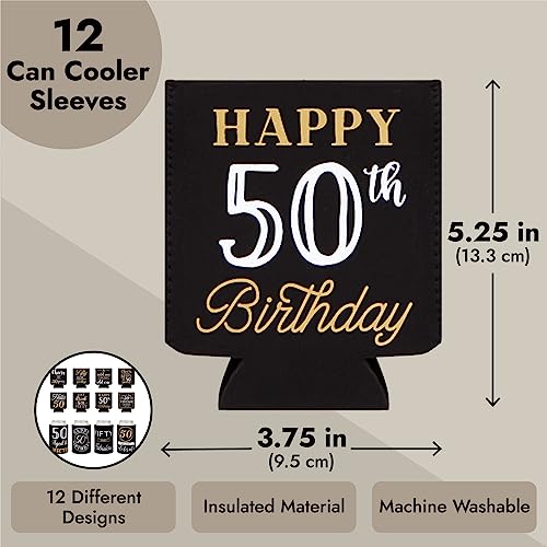 Sparkle and Bash 50th Birthday Can Cooler Sleeves - Medium, Black & Gold, 12-Pack - Insulated Neoprene Holder for 12 Oz Ca...