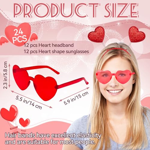 Zddaoole 24 Pcs Valentine's Day Heart Headband and Heart Shape Sunglasses,Red Romantic Head Bopper,Valentines Photo Prop H...
