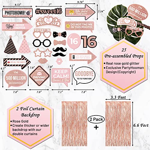 PartyHooman Sweet 16 Birthday Decorations Rose Gold With Sweet 16 Sash and Tiara Set, 2Pcs Backdrop, 25Pcs Pre-assembled P...