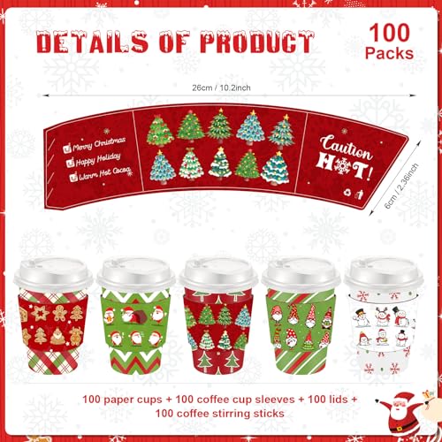 Boao 100 Sets Christmas Paper Coffee Cups with Sleeve and Plastic Lid Stir Straw 12 oz Disposable Hot Chocolate Cocoa Cups...
