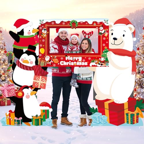 Christmas Photo Booth Props Selfie Frame Banner Polar Bear Penguin Xmas Backdrop for Christmas Xmas Winter Holiday Party N...