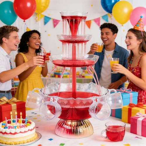 3-Tier Red Cocktail Fountain Drink Machine with LED Base and 5 Cups – Electric Drink Dispenser for Wine and Champagne at W...