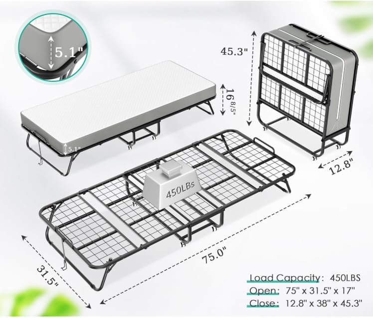 Omelaza Foldable Bed with 5" Memory Foam Mattress, 75 x 31 Inch Portable Guest Bed - Steel Frame, Wheels for Adults, Campi...