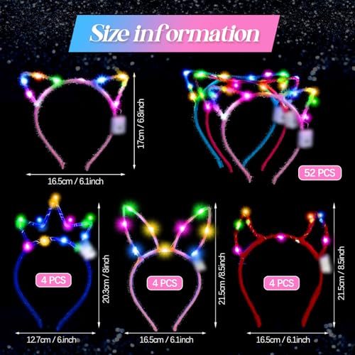 Xinnun 64 Pieces Light up Cat Ears Headband Bunny LED Glow in Dark Cat Animals Ears Hairband Party Supplies for Birthday F...