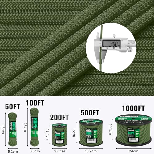 TRIBERION Paracord Rope 750 lb - 1000ft / 500ft / 200ft / 100ft 5/32" Parachute Cord 4MM 12-Strand para Cord - Heavy Duty ...