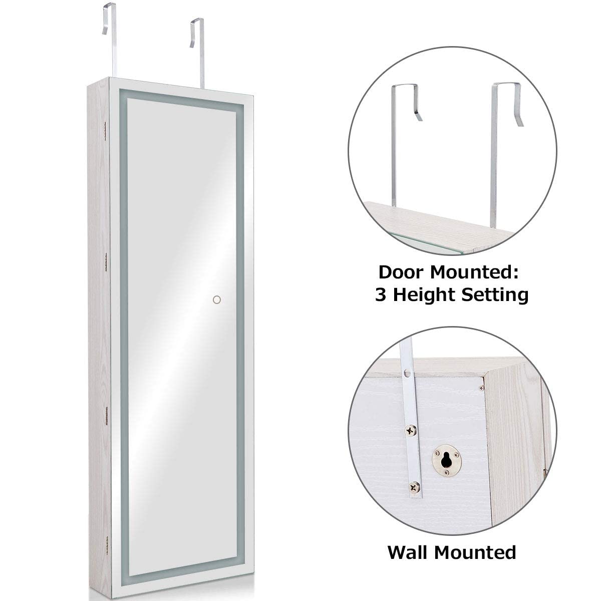 OFFICEJOY 47.5’’ Wall/Door Mounted Jewelry Mirror Cabinet with 3 Adjustable Height, Lockable Jewelry Armoire with LED Touch Screen Mirror, Makeup Full Length Mirrored Jewelry Organizer (White)