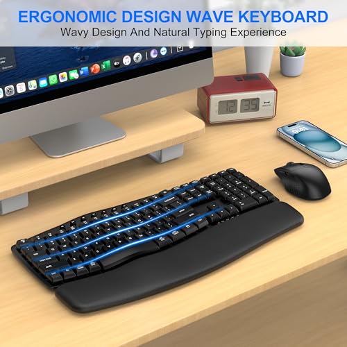 Ergonomic Wireless Keyboard Mouse Combo, EDJO Bluetooth/2.4G Dual-Mode Connection, Soft Foam Wrist Rest, Silent Typing, Wa...